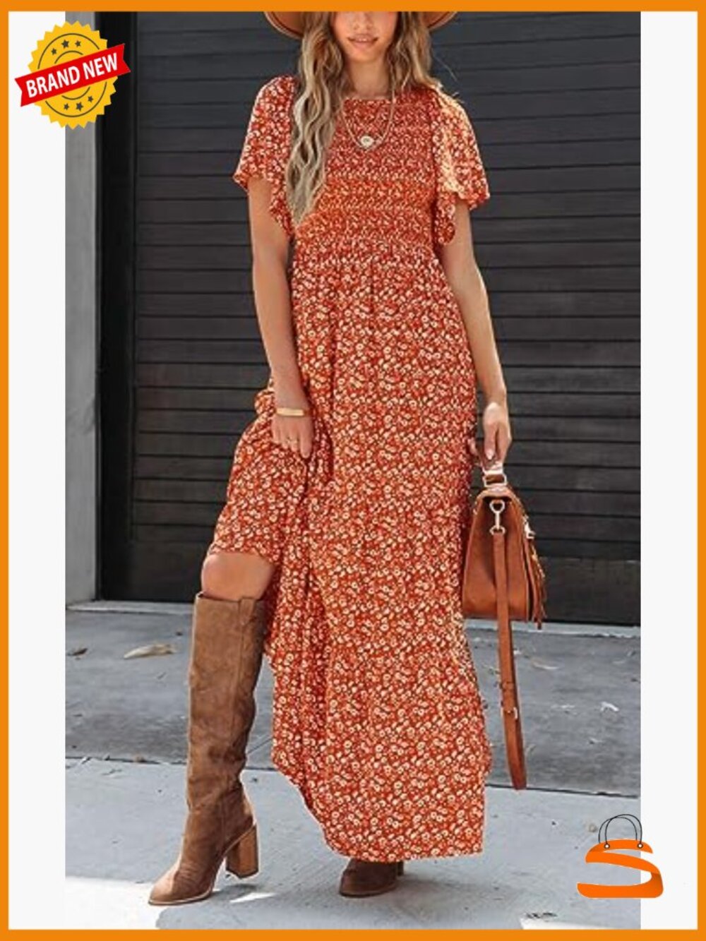 Flutter Short Sleeve Smocked Tiered Maxi Dress Boho Floral Casual Summer - Picture 2 of 7